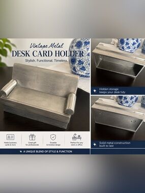 Vintage Metal Business Card Holder / Desk Organizer